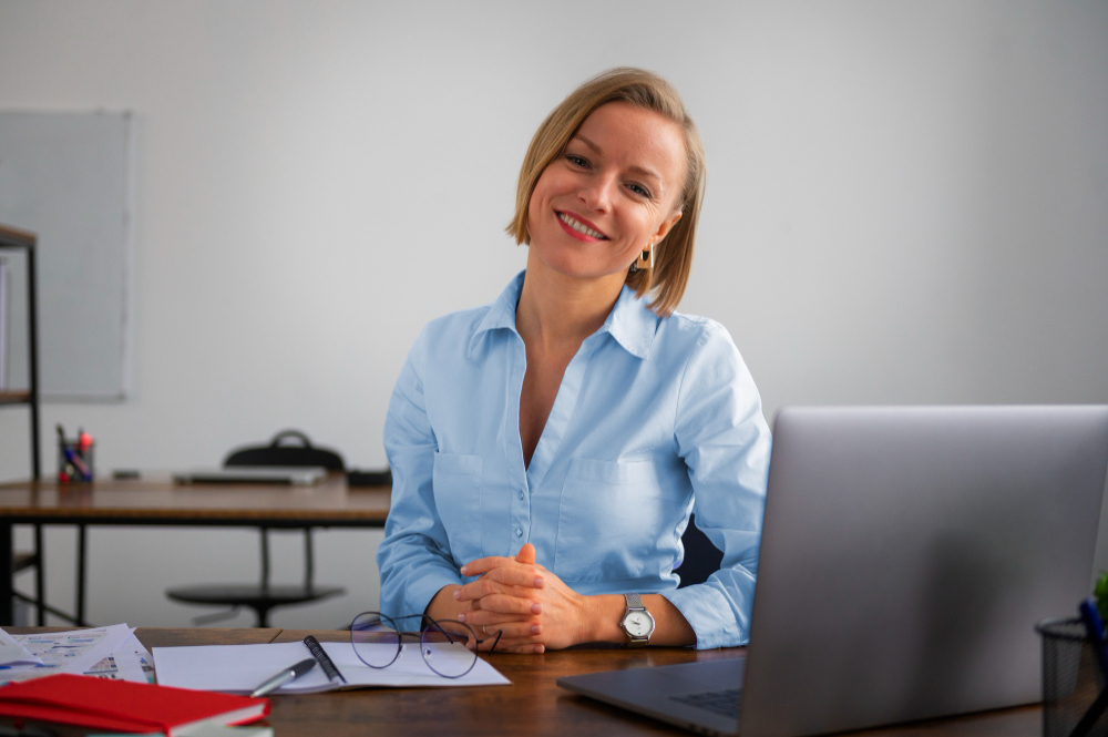 front-view-smiley-woman-working-as-economist